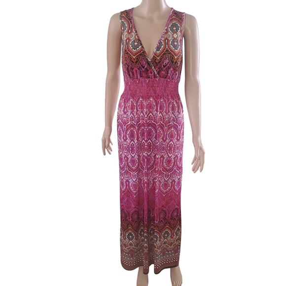 Mlle Gabrielle Size M Smocked Maxi Dress Pink Paisley Surplice Wrap Boho - Picture 1 of 9